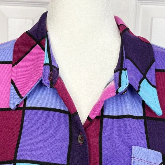 Denim & Co. Bold Colorful Check Print Knit Button Down Tunic Shirt 1X - Picture 3 of 16
